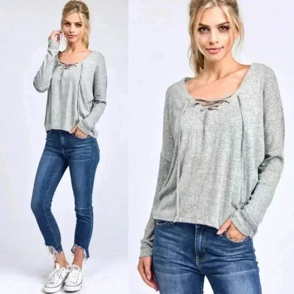 "Ellis" Lace-Up Top in Gray